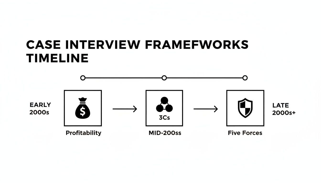 Timeline diagram illustrating the evolution of case interview frameworks: Profitability, 3Cs, and Five Forces.