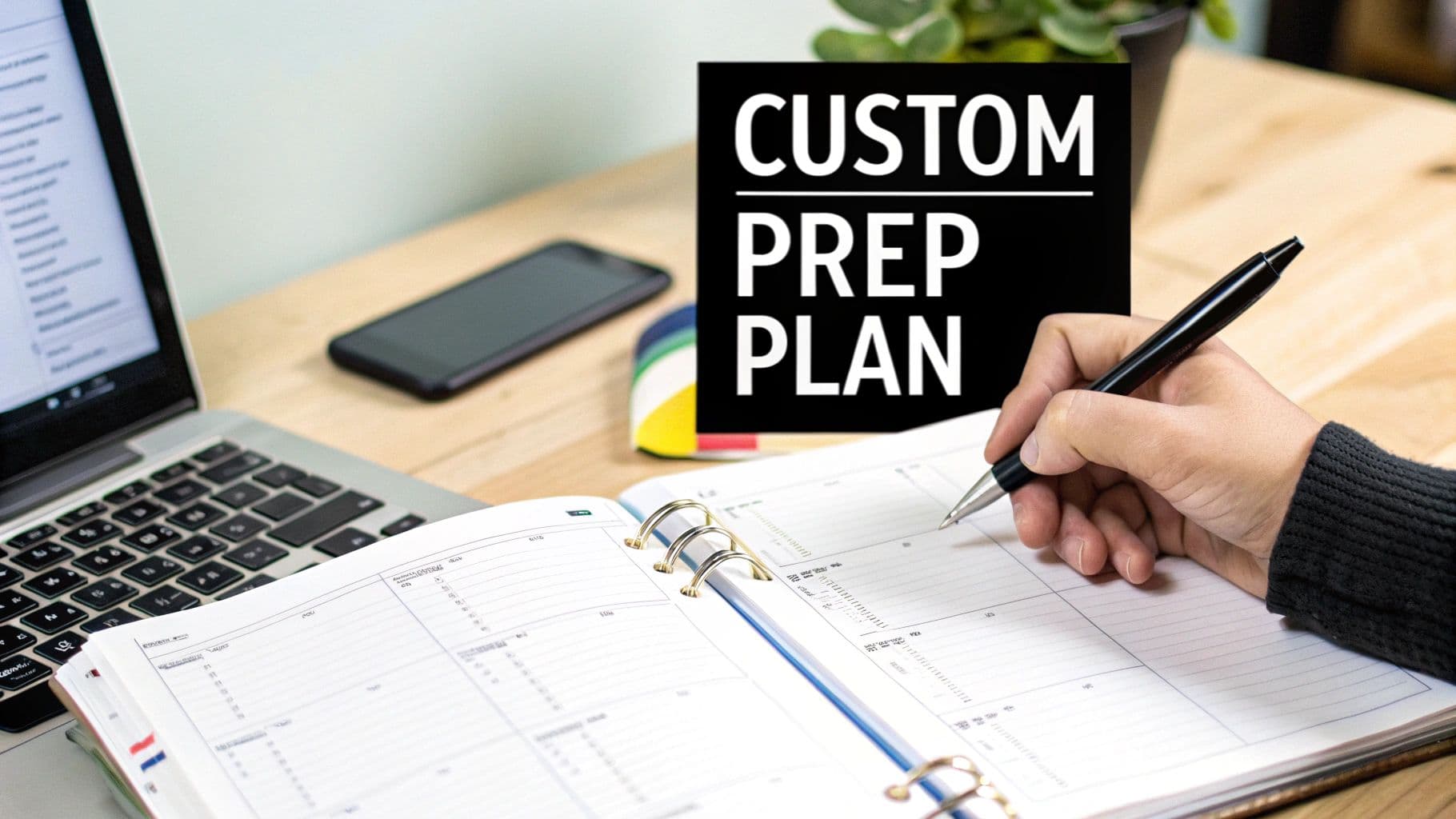 A person writing in a planner with a pen, next to a laptop, phone, and a 'CUSTOM PREP PLAN' sign.
