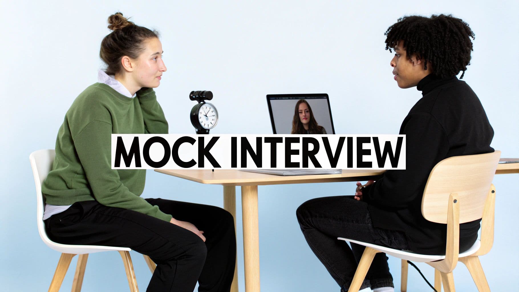 Two people sitting at a table in a professional setting, conducting a mock interview.