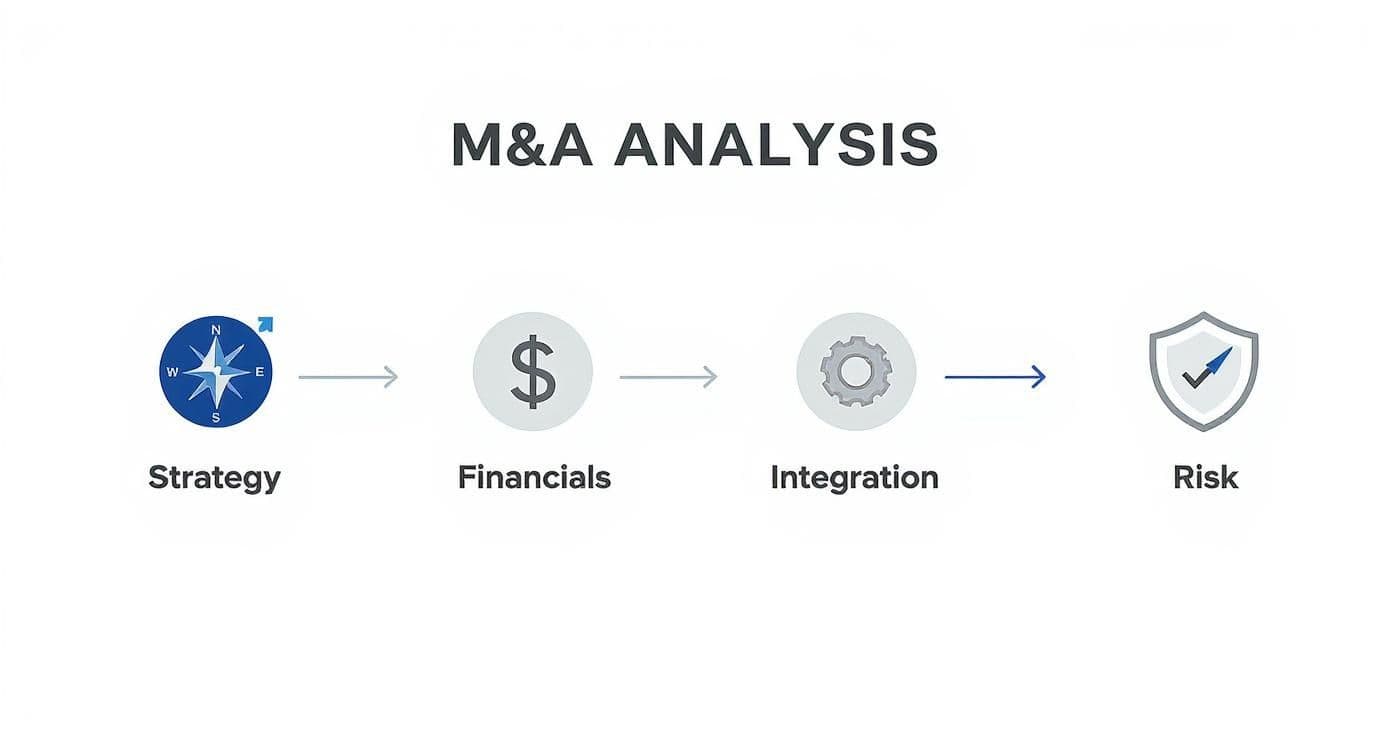 M&A analysis flowchart showing the four key stages: Strategy, Financials, Integration, and Risk.