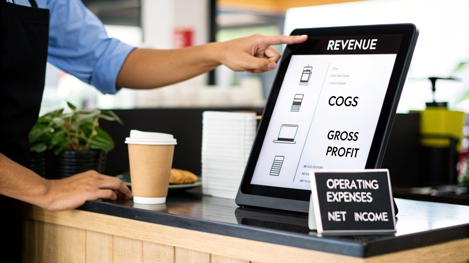 A person points at a tablet screen displaying financial terms like REVENUE, COGS, and GROSS PROFIT, in a coffee shop.