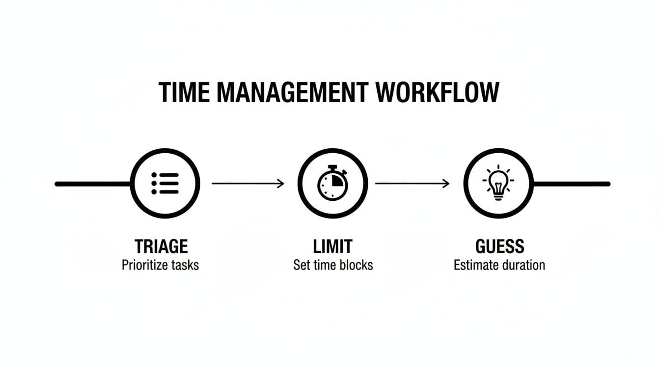A diagram illustrating a time management workflow with three steps: Triage, Limit, and Guess.