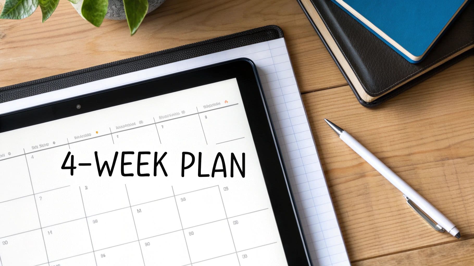 A tablet on a wooden desk displays a calendar with '4-WEEK PLAN', alongside notebooks and a pen.