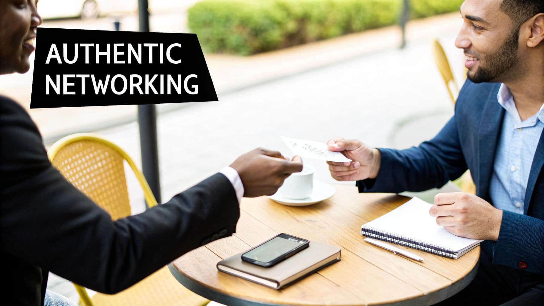 Two men exchange business cards at a café, demonstrating authentic networking.
