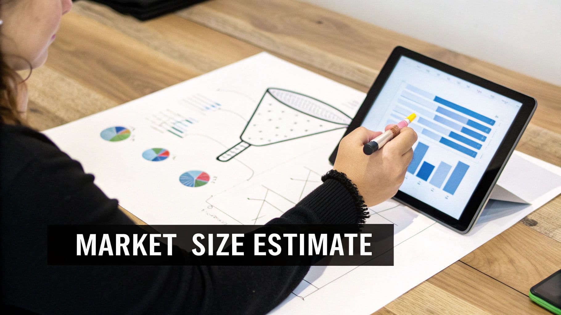 Business analyst reviewing market size estimate data with charts and funnel diagram on tablet