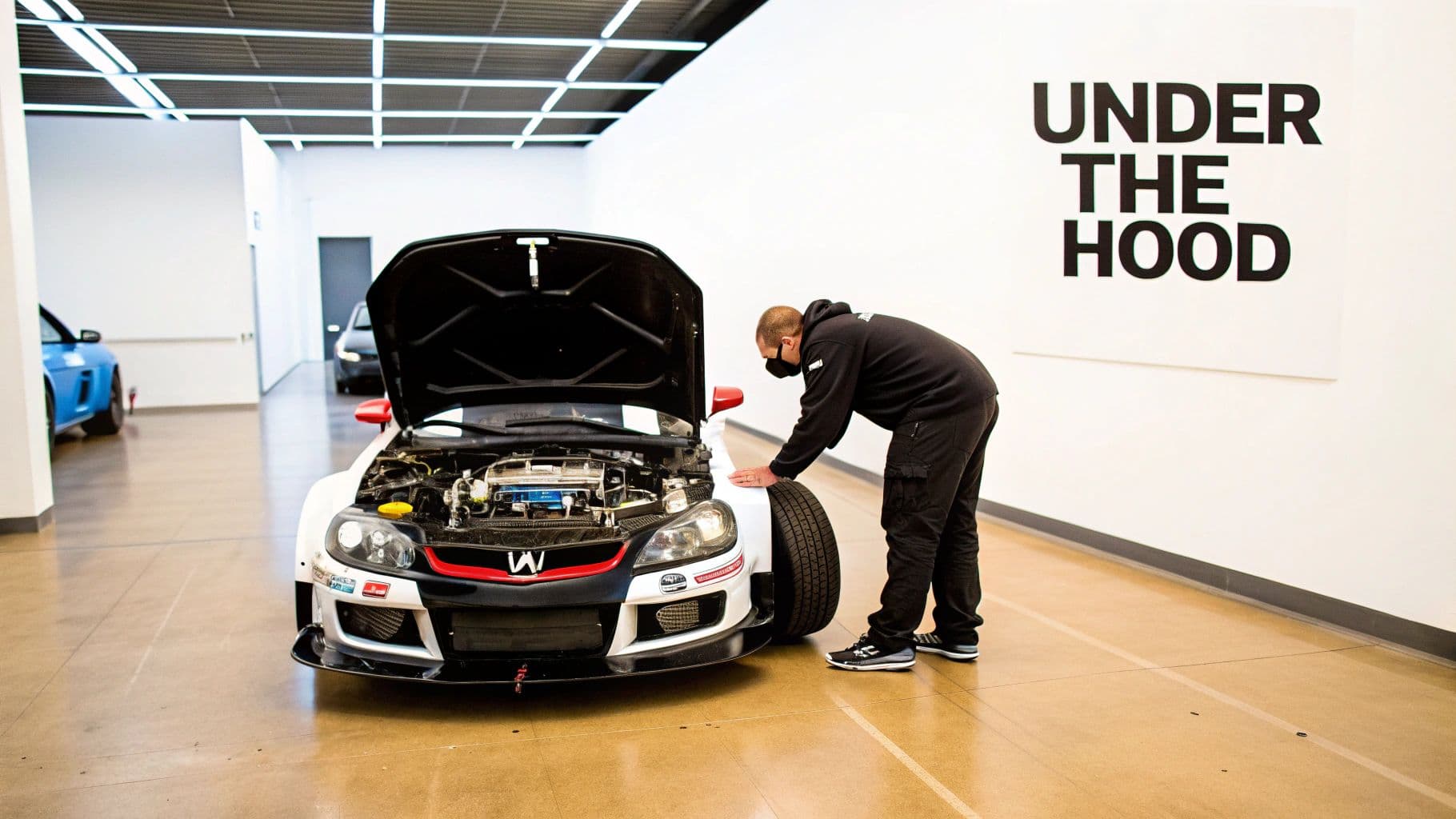 A man in a black hoodie inspects the engine of a white race car with its hood open.