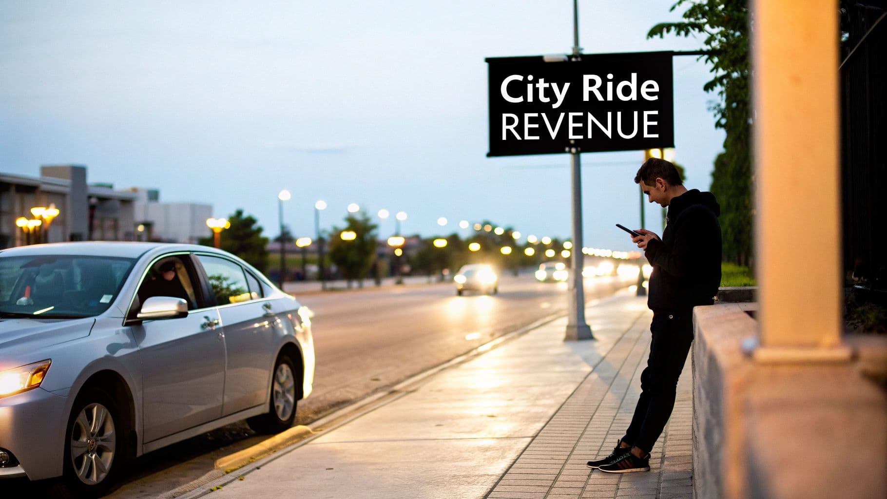 Man checks phone on city sidewalk at dusk with a ride-share car and 'City Ride REVENUE' sign.