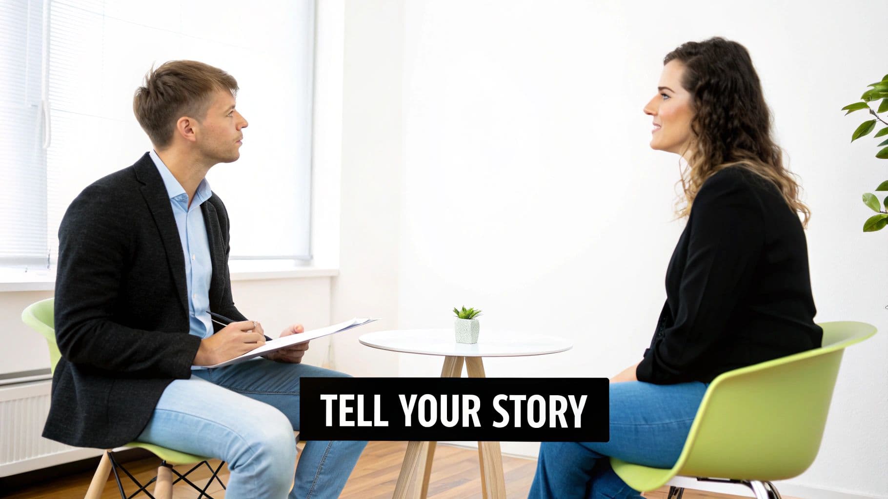 A man and a woman sit facing each other in a modern office, engaged in conversation.