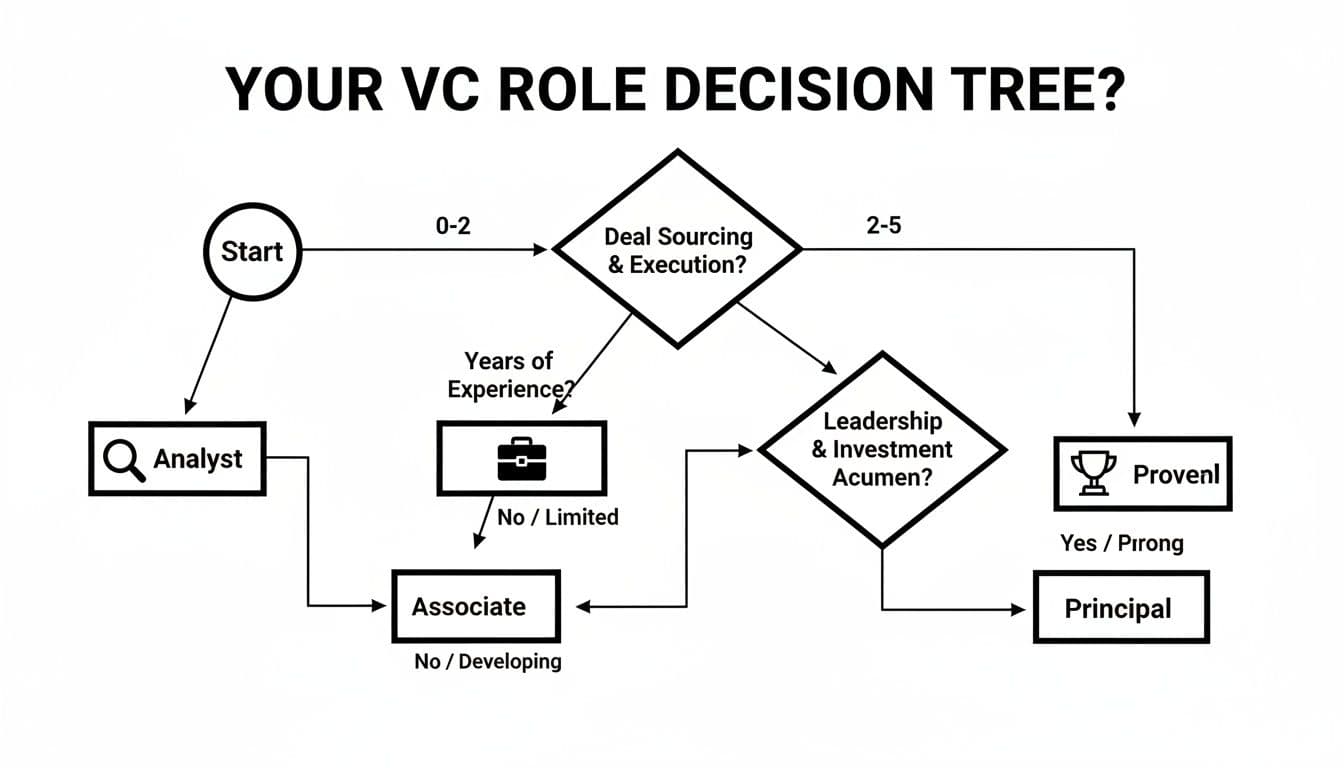 A flowchart showing a venture capital role decision tree based on experience, deal sourcing, and leadership.