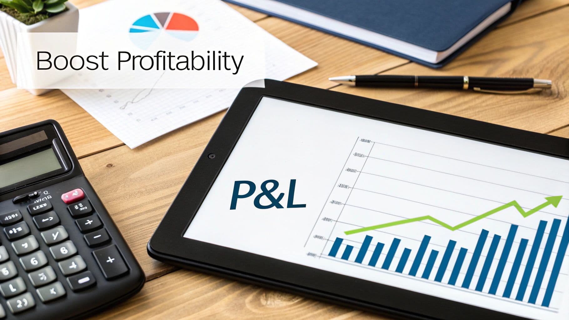 Tablet displaying P&L profit and loss statement with growth chart and calculator on desk