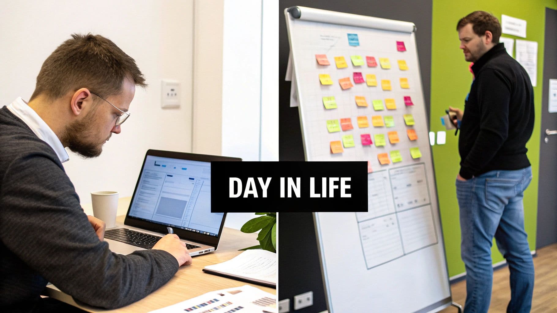 A consultant analyzing data on a laptop in a busy, modern office setting.