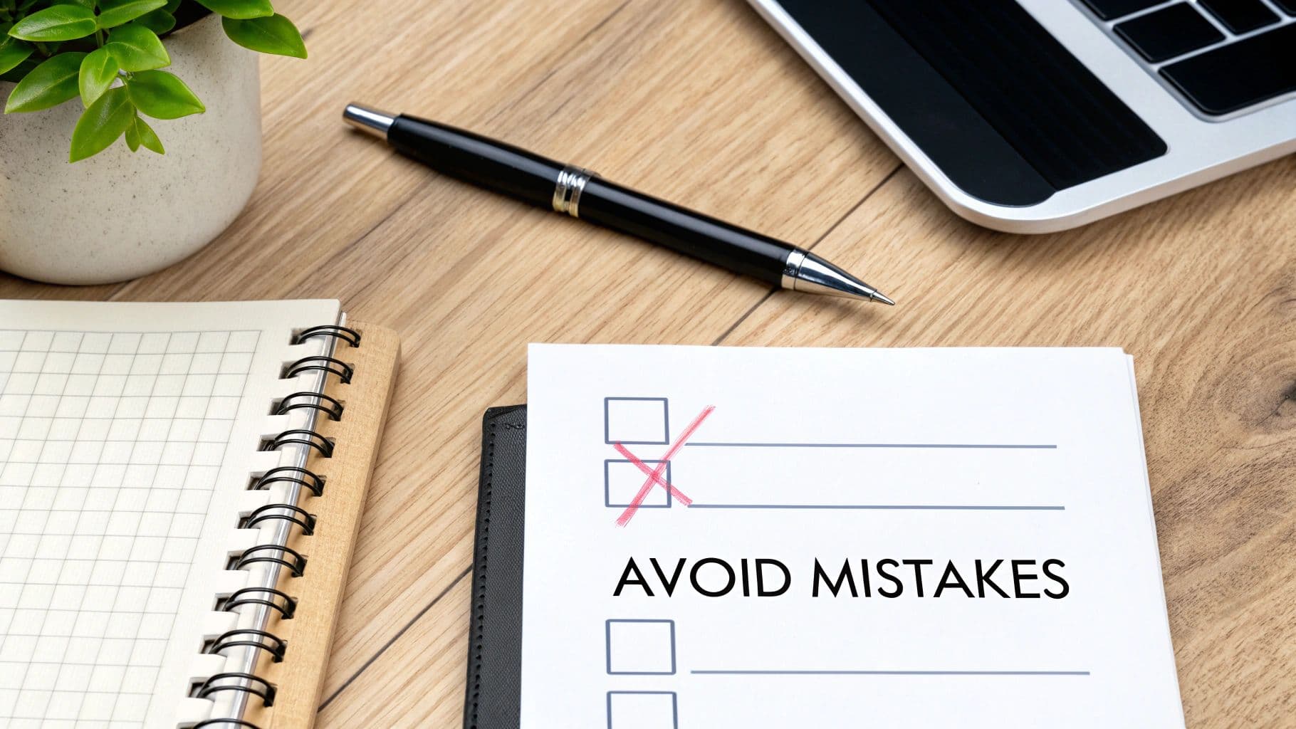 Flat lay of a desk with a checklist, 'AVOID MISTAKES,' crossed boxes, pen, notebook, and plant.