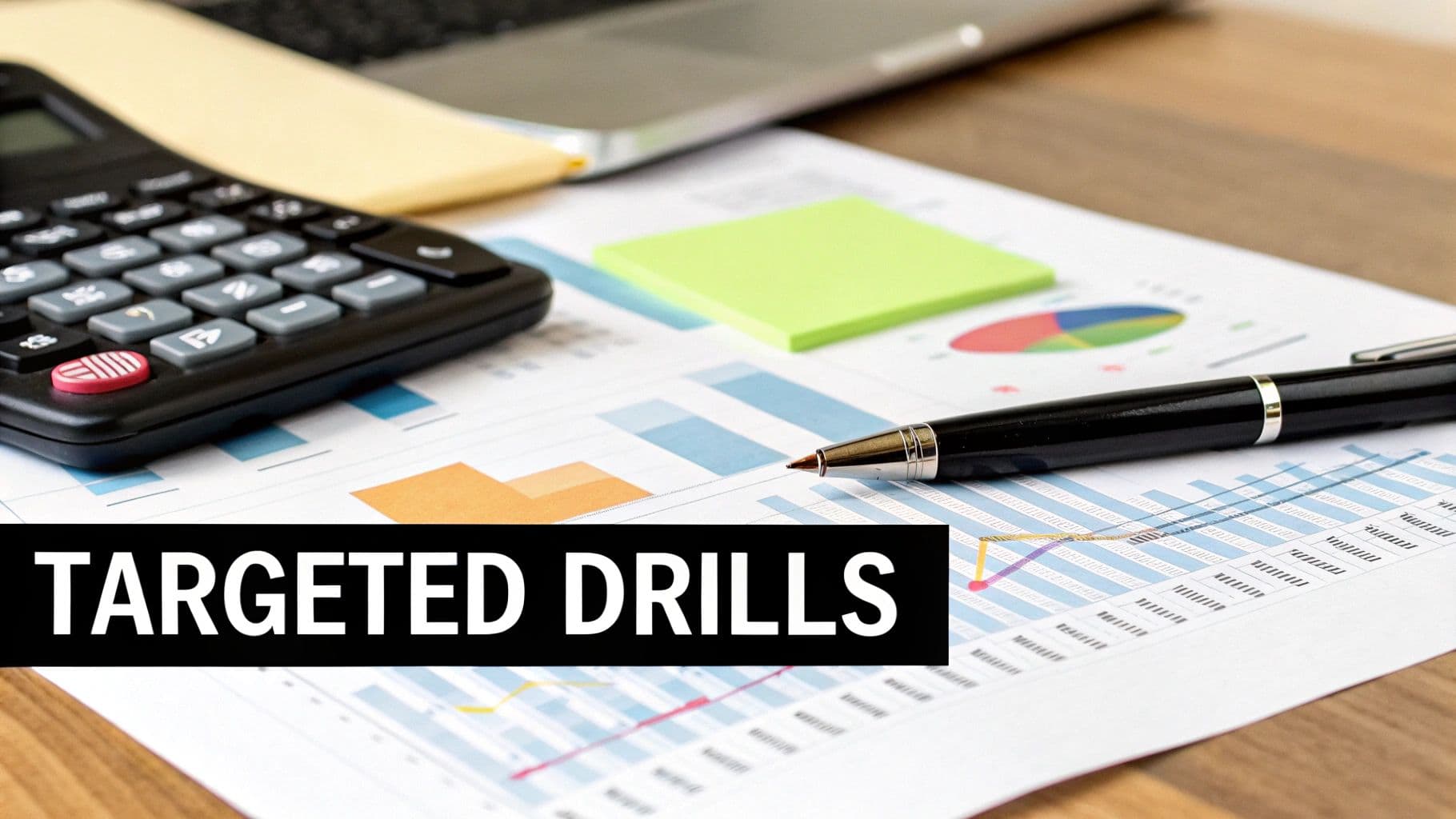 Desk with calculator, pen, charts, and graphs, displaying the text 'TARGETED DRILLS' for business strategy.