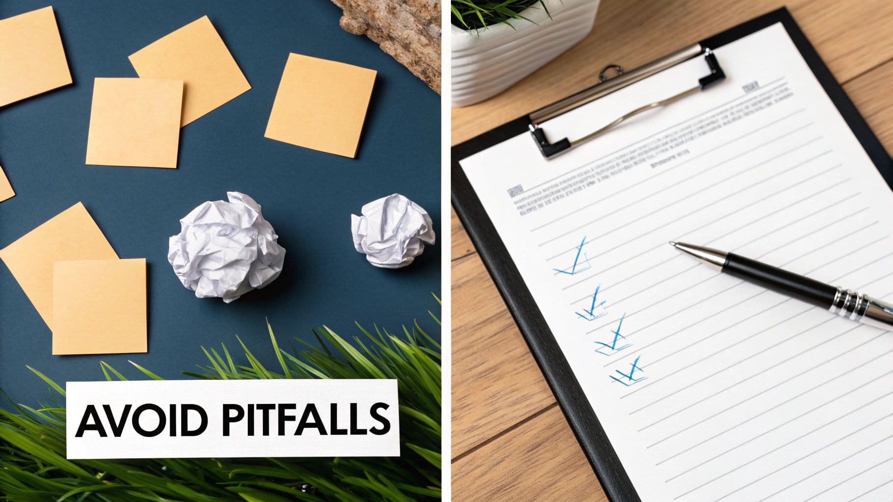Split image showing crumpled notes and 'AVOID PITFALLS' contrasting with a clipboard checklist having blue checkmarks.