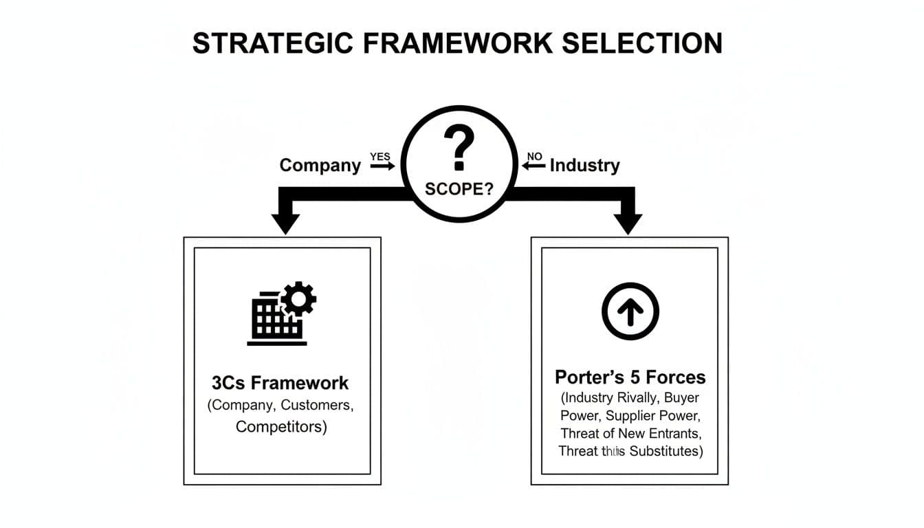 Diagram showing strategic framework selection: 3Cs for company scope, Porter's 5 Forces for industry scope.