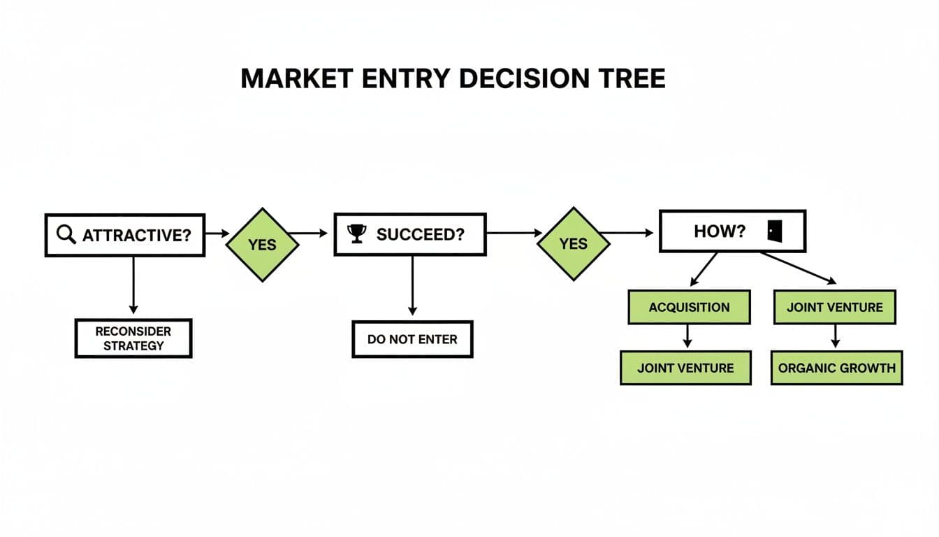 A market entry decision tree flowchart, guiding through attractiveness, success, and entry methods.