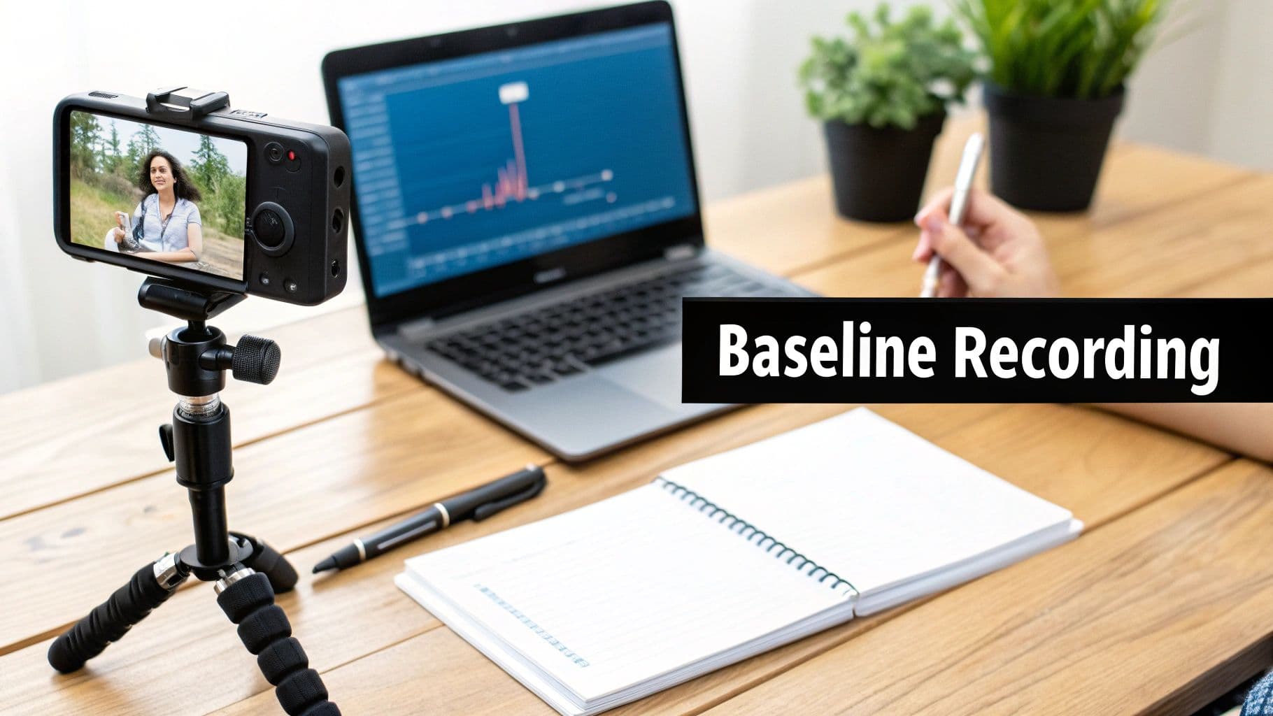 A smartphone on a tripod records a woman, while a laptop and notebook are on a wooden desk.
