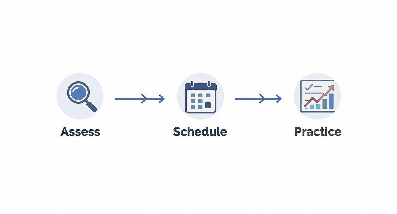A blue icon-based diagram illustrating a three-step process: assess, schedule, and practice, connected by arrows.