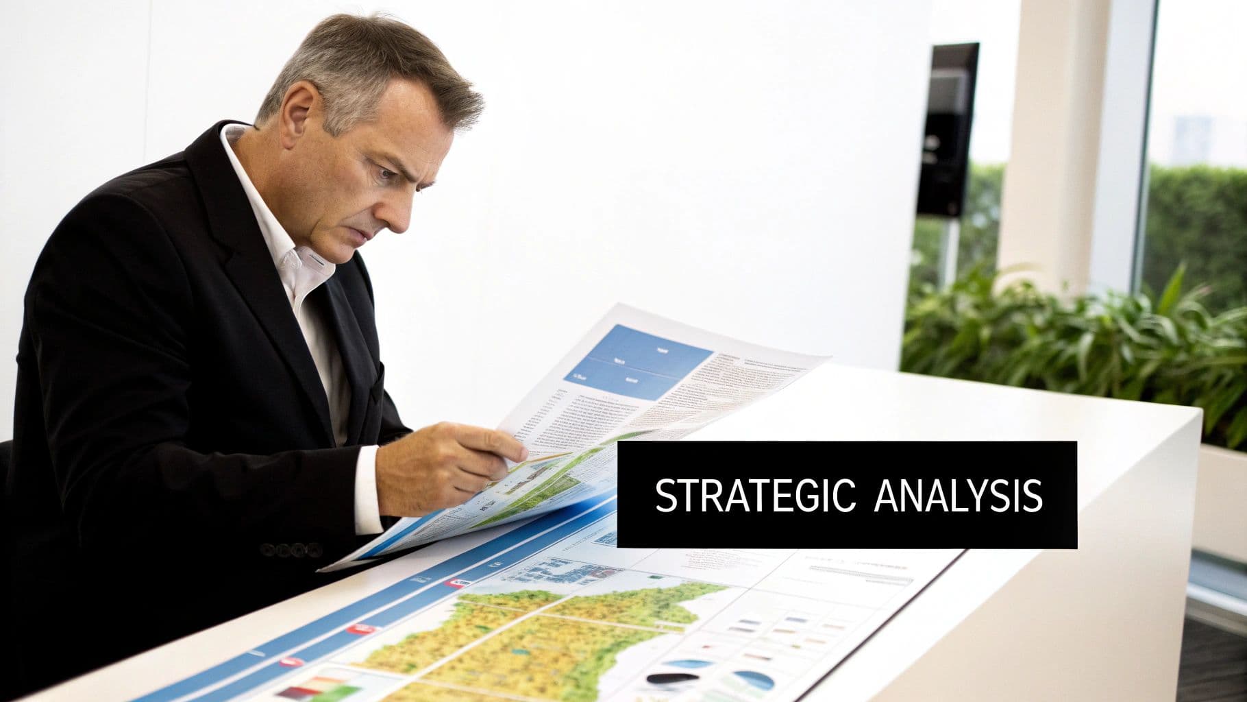 A man in a suit intensely studying documents, maps, and reports for strategic analysis.