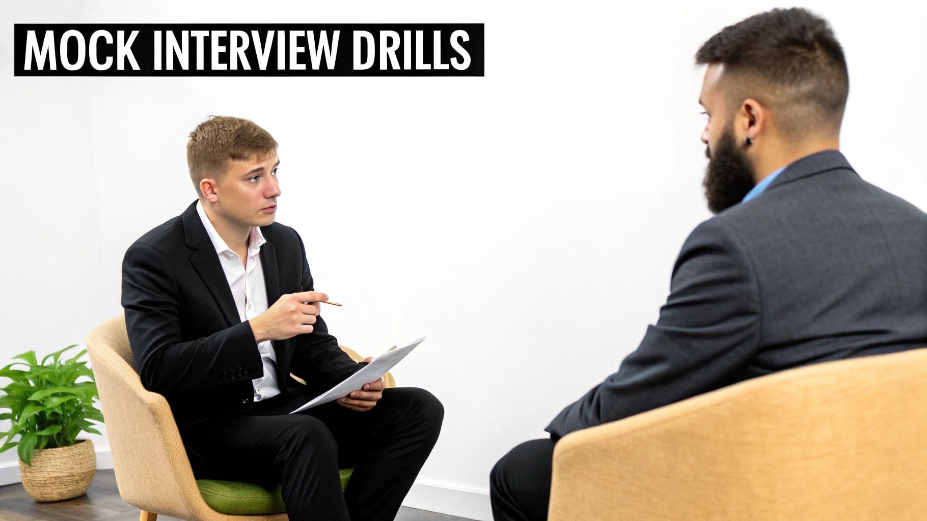 Two men in business attire conduct a mock interview, one holding papers and a pen.