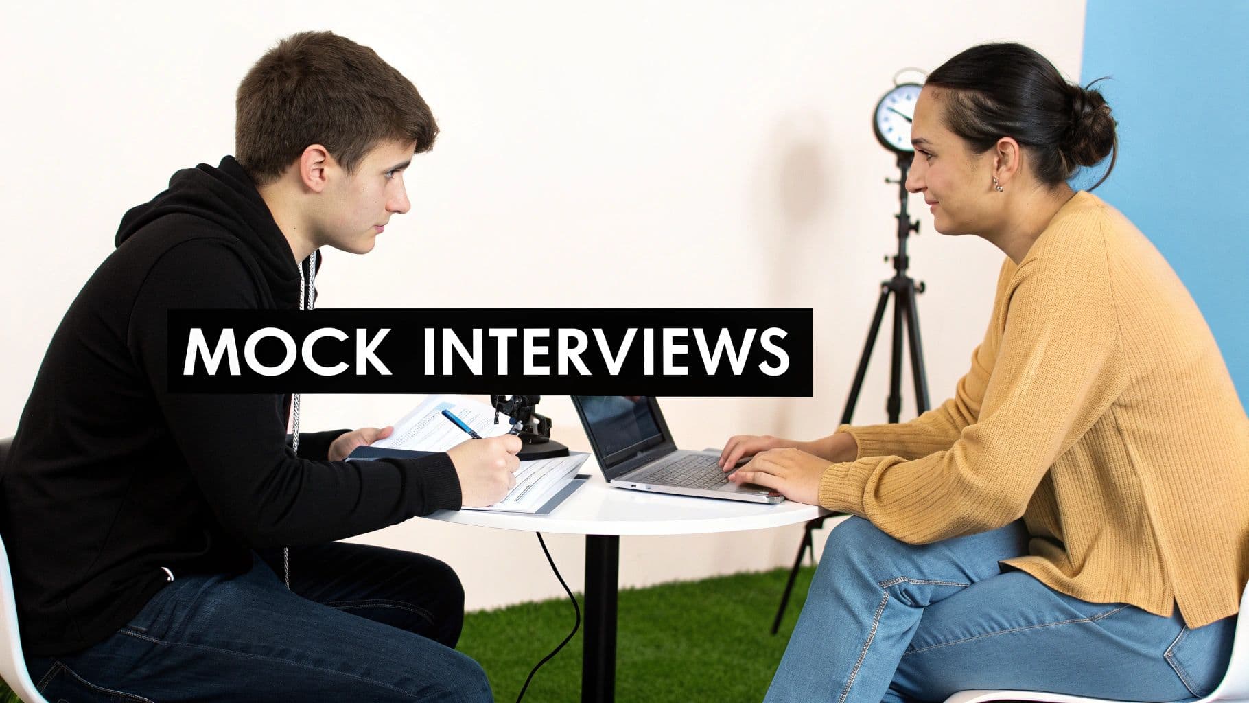 A person at a desk with a laptop and notebook, looking thoughtful and focused.