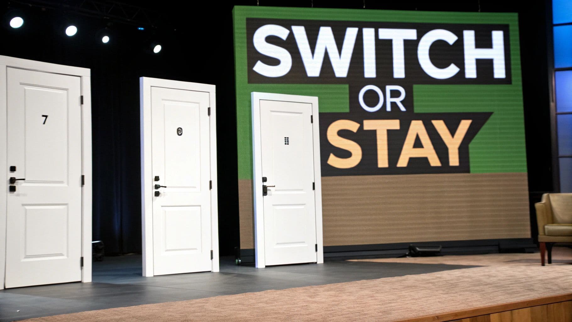 Game show set with three white doors, one marked '7', and a screen displaying 'SWITCH OR STAY'.