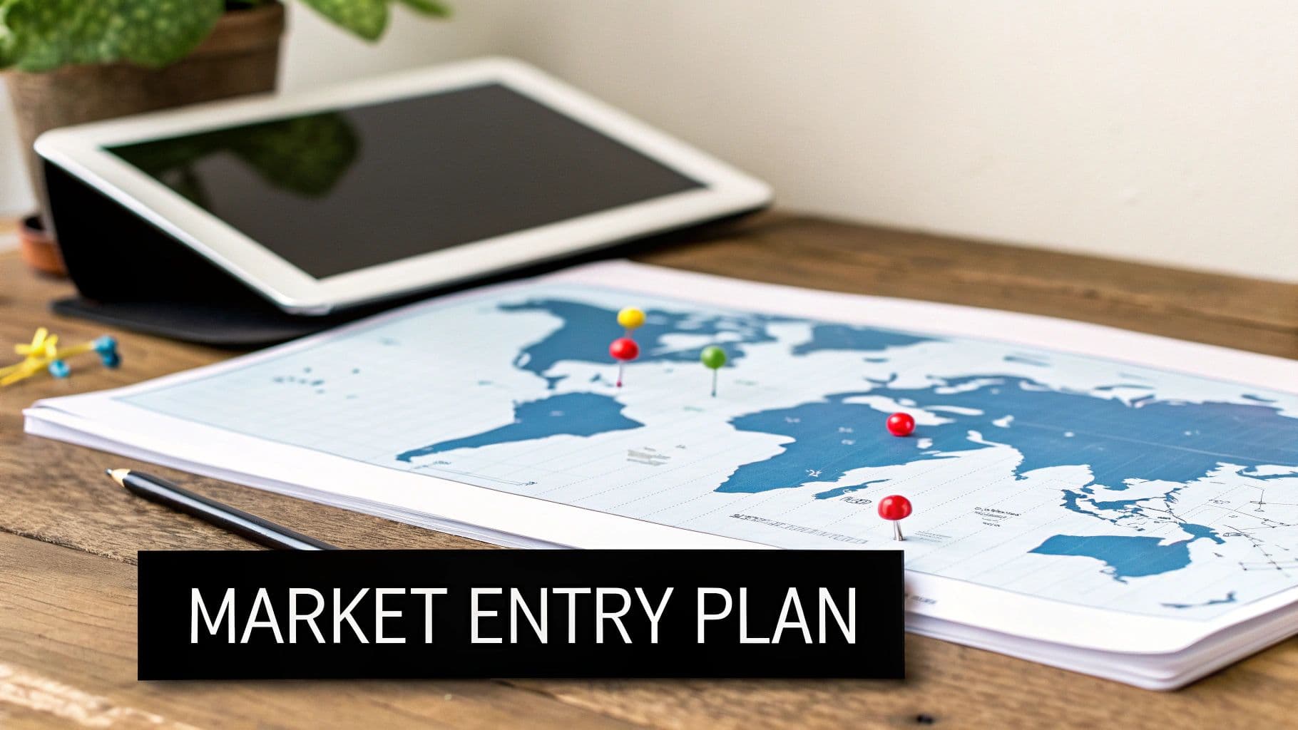 World map with colorful pins and tablet displaying market entry plan strategy