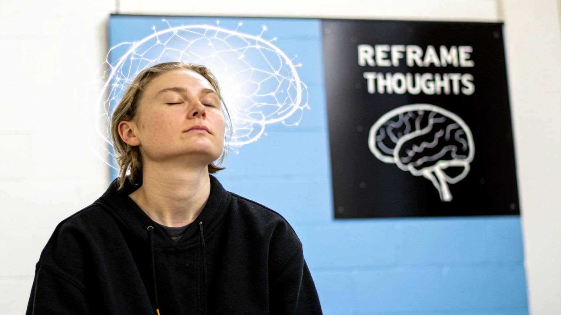 Person with eyes closed practicing mindfulness meditation with brain illustration and reframe thoughts text display