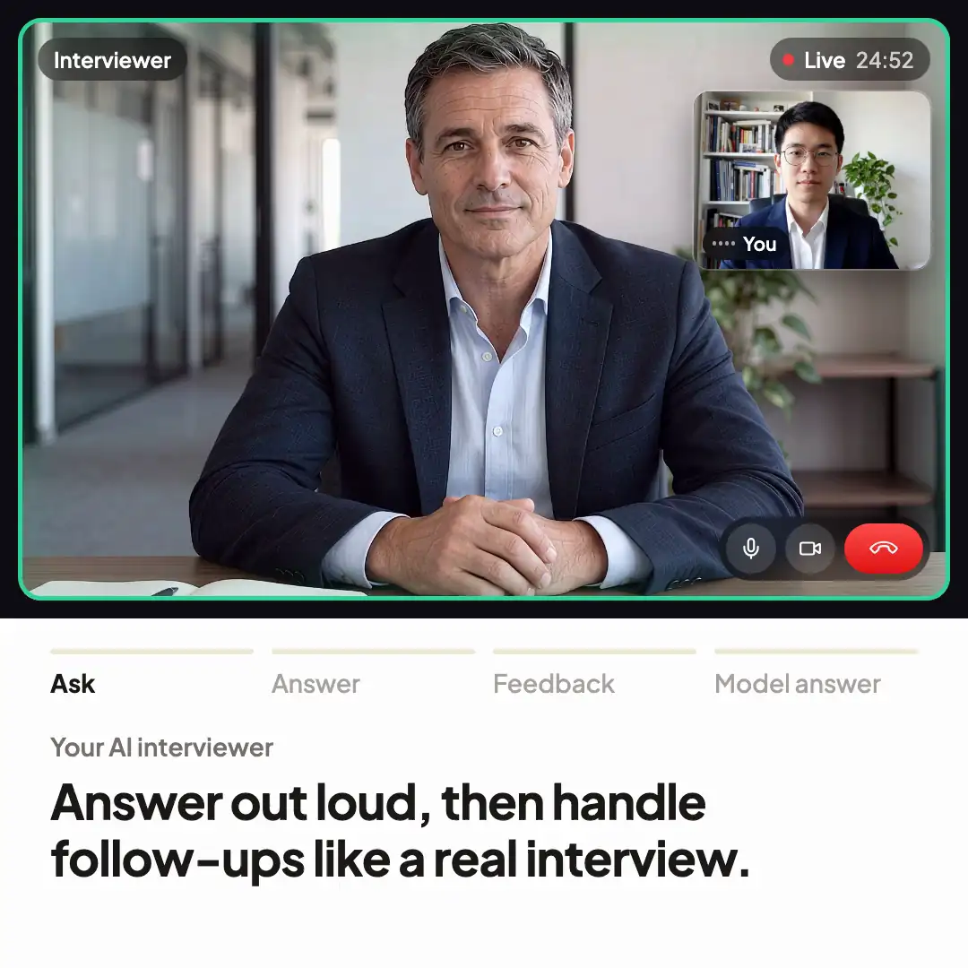 A live Soreno case mock: the AI interviewer gives a profitability case, you answer out loud, then see your score and a model answer